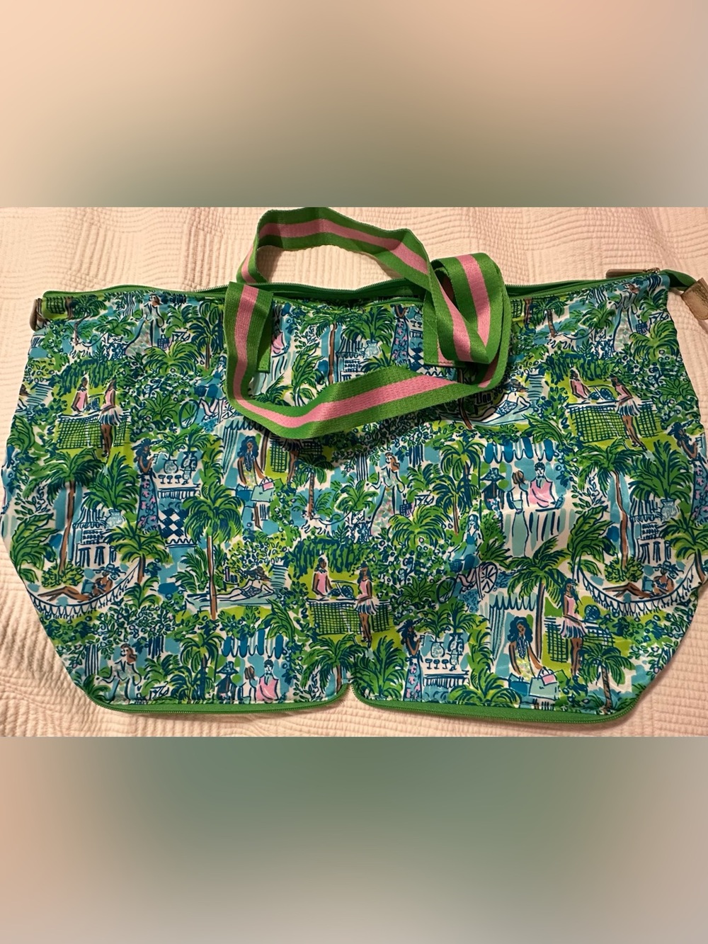 Lilly Pulitzer Green Tropical Print Tote with Pink & Green Striped Handles